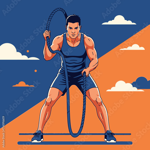 Determined athletic man performing intense battle rope workout vector illustration.