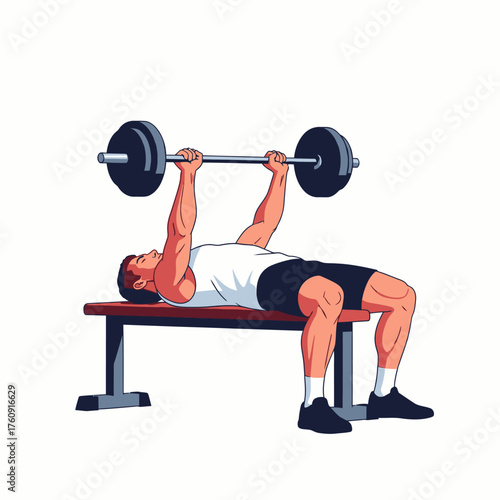 Man performing bench press exercise with barbell for strength training.