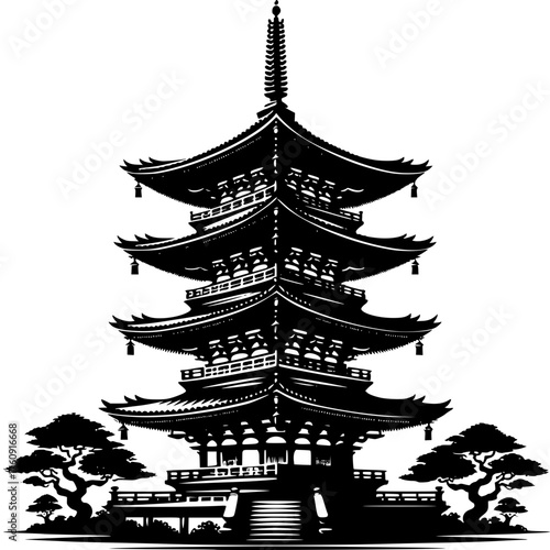 Serene Pagoda Silhouette: A majestic pagoda stands tall against the sky. intricate architecture details the spiritual heart of the Far East.
