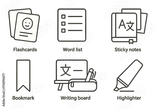 Learning tools for language: flashcards, word lists, sticky notes, bookmarks, writing board, highlighter