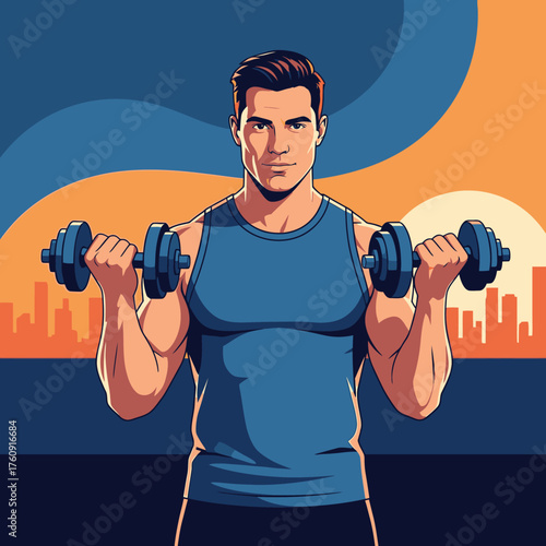 Strong athletic man in a blue tank top exercising with dumbbells.