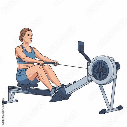 Woman Engaged in Intense Indoor Rowing Machine Workout.