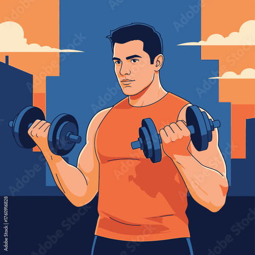 Man lifting weights in a gym workout training his muscles for fitness.