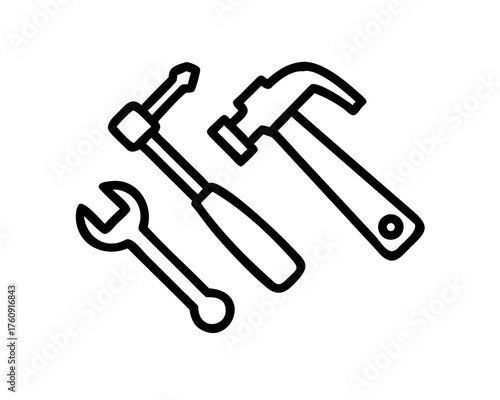 Illustration of a hammer, wrench, and ratchet