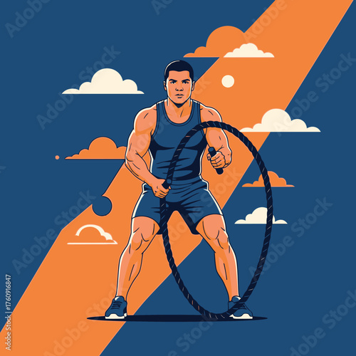 Strong muscular man exercising with battle ropes for fitness training.