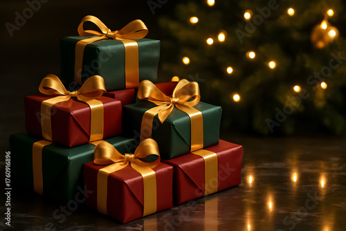 Wallpaper Mural A stack of christmas presents wrapped in red and green paper with gold ribbons and a christmas tree in background, christmas Torontodigital.ca