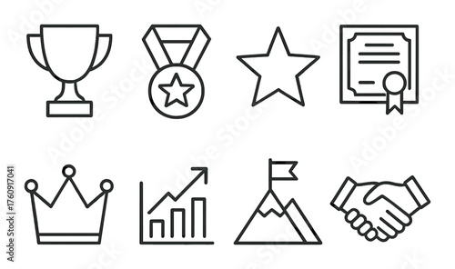 Award and achievement icons set including trophy, medal, star, certificate, crown, graph, mountain, handshake