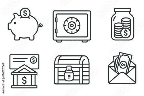 Financial security icons featuring piggy bank, safe, jar with coins, check, chest, and envelope