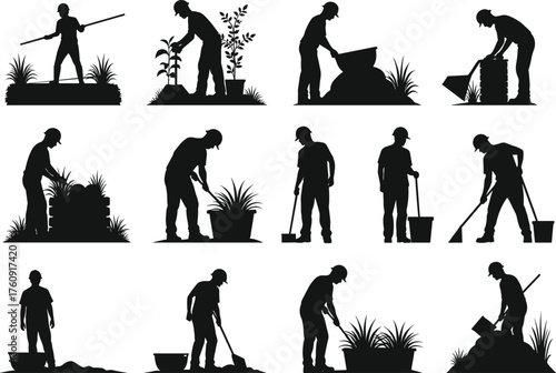 Gardening Landscaping Worker Tools Shovel Rake Hoe Bucket Soil Plant Watering Bricks Mulch Digging Outdoor Labor Agriculture Horticulture 