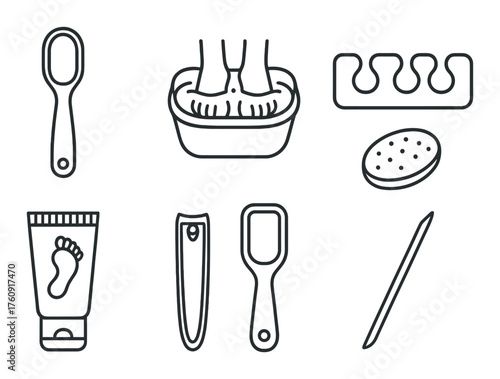 Illustration of pedicure tools and foot care icons on dark background