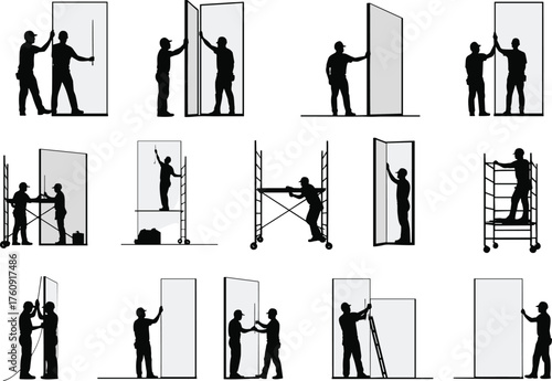 Glass, Panel, Installation, Workers, Silhouette, Construction, Infrastructure, Maintenance, Tools, Safety, Structure, Assembly, Industrial, Equipment, 