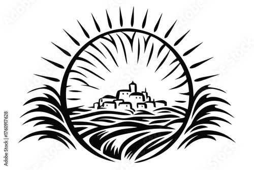 Black and white drawing of village nestled in a hill surrounded by sun rays