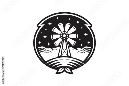 Black and white emblem displays a rural windmill under a starlit sky scene