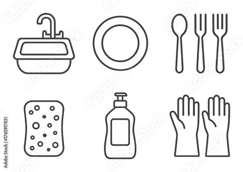 Kitchen cleaning essentials: sink, dishes, utensils, sponge, soap, gloves icons