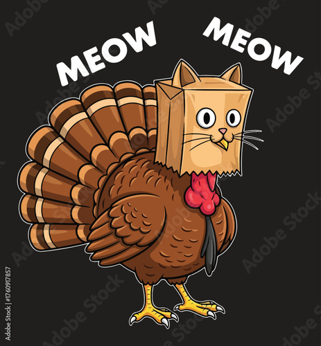 Meow Meow Cat Turkey Disguise T-Shirt Design Vector - Funny Thanksgiving Graphic Tee Apparel Print, Cartoon Bird in Paper Bag Costume, Holiday Humor, Feline Joke.