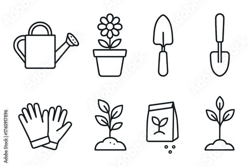 Garden tools and plant symbols: watering can, flower pot, trowels, gloves, seedlings