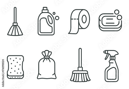 Icons of cleaning essentials: broom, detergent, toilet paper, soap, sponge, trash bag, spray bottle