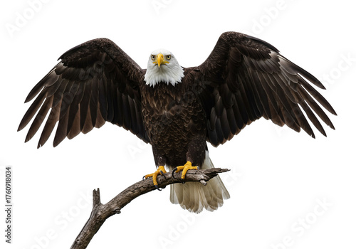 Foto Majestic bald eagle perched on branch with wings spread wide