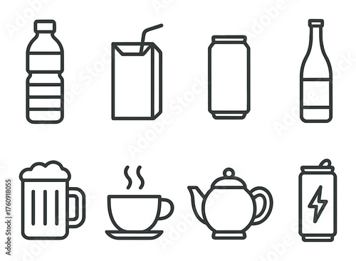 Set of 8 monochrome drink icons: bottle, juice, can, wine, beer, coffee, teapot, energy