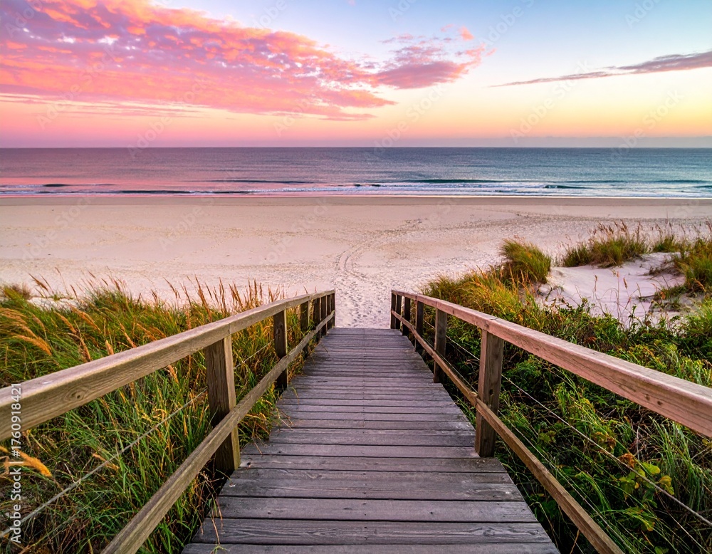 Fototapeta premium Wooden boardwalk extends towards a beach during a beautiful pink sunset, perfect for vacation and travel concepts in design projects.