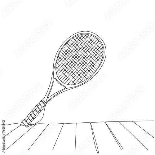 Tennis racket on wooden floor in minimalist line art – symbol of focus and athleticism
