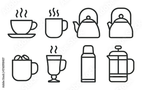Various hot beverage icons: cups, mugs, teapots, thermos, french press on textured wall background