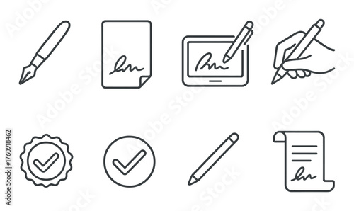 Digital writing and signature icons on dark background symbolizing communication and authentication