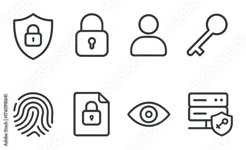 Digital security icons set with lock, key, fingerprint, and shield on dark background