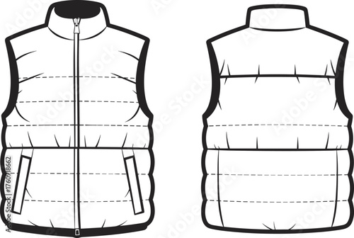 Puffer vest flat fashion vector, sleeveless quilted jacket technical sketch, winter outerwear clothing design template, unisex casual apparel illustration