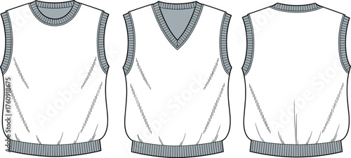 Sweater vest flat vector, V-neck and round neck knitwear design template, sleeveless pullover clothing fashion illustration, unisex apparel