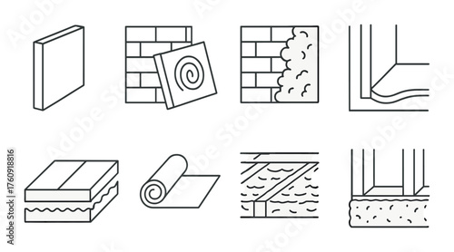 Various home insulation methods illustrated: foam, fiberglass, spray, sheet, roll, and pipe insulation