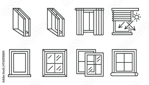 Stylized window and curtain vector icons on gray background