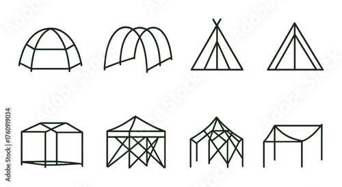 Variety of tent shapes on olive background: dome, a-frame, teepee, geodesic