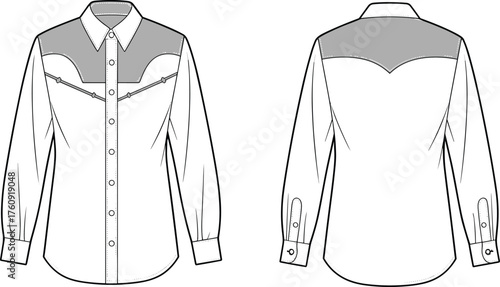 Western cowboy shirt flat sketch front and back view, snap button long sleeve shirt with yoke design, vector fashion template