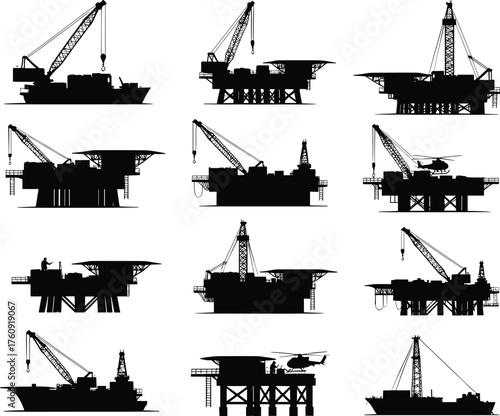Offshore Oil Rig Platform Drilling Petroleum Energy Industry Machinery Equipment Structure Engineering Architecture Crane Helicopter Ship Tower Extraction