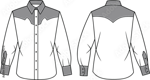 Western style shirt flat sketch front and back view, classic button down shirt vector, vintage cowboy fashion design