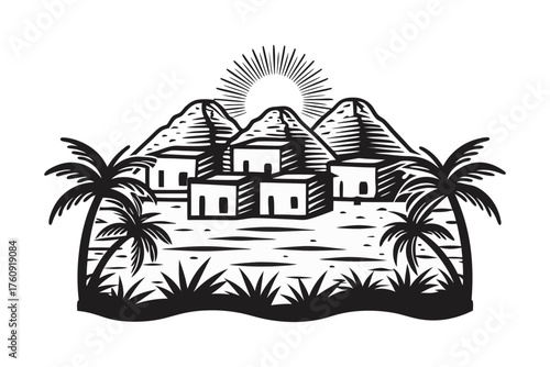 Black and white tropical village houses rest peacefully before three mountains beneath bright sunshine