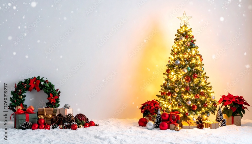 Obraz premium Festive christmas scene with decorated tree, wreath, and gifts. Perfect for holidaythemed designs, cards, and advertisements. Ideal for decor concepts.