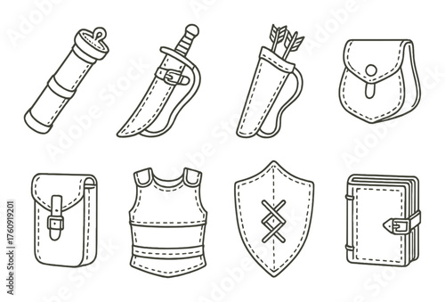 Medieval adventure icons: sword, shield, armor, quiver, satchel, telescope, book