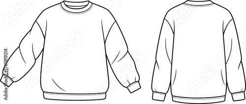 Oversized crewneck sweatshirt flat sketch front and back view, fashion CAD drawing, casual loose fit pullover design template vector