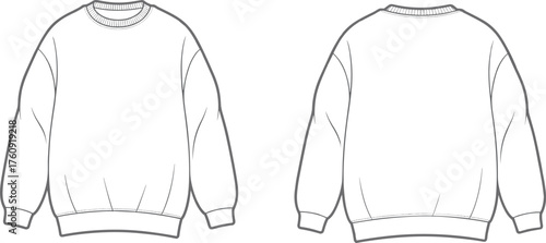 Oversized crewneck sweatshirt flat sketch front and back view, casual pullover fashion template, unisex clothing design vector illustration
