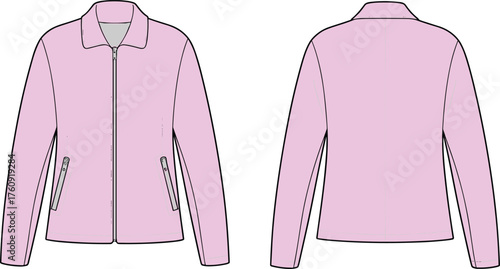 Pink jacket flat sketch front and back view, fashion CAD drawing, vector outerwear design template with zipper pockets and long sleeves
