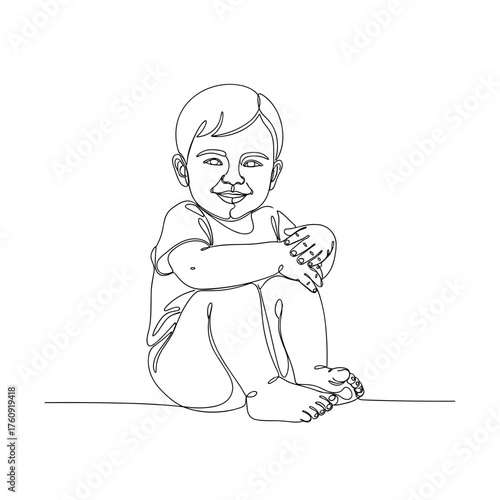 Toddler hugging knees with smile in minimalist line art – symbol of warmth and pure happiness