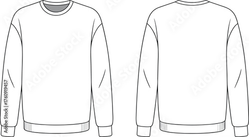 Crewneck sweatshirt flat sketch front and back view, casual unisex pullover fashion design, apparel CAD vector technical illustration