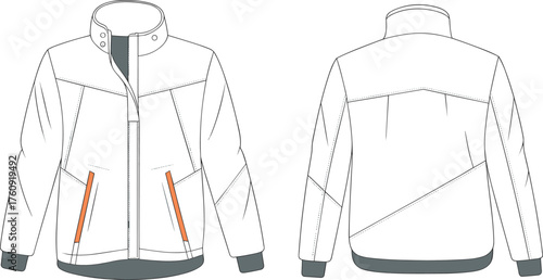 Winter puffer jacket flat sketch front and back view, fashion technical drawing template, unisex outerwear CAD vector illustration design