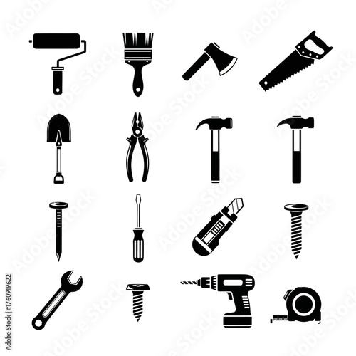 Set of black tool icons including hammer, wrench, drill, saw, pliers, and screwdriver. Perfect for construction, DIY, mechanic, and engineering design projects. Vector silhouette collection.