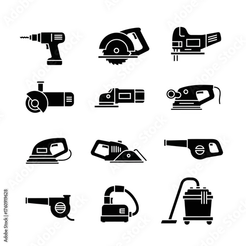 UntA set of black and white tool, cutter, and drill icons. Vector icon set. Isolated on a white background.itled