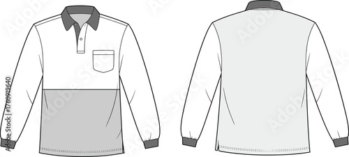 Front and back polo shirt technical flat sketch, long sleeve color block rugby shirt design template, fashion CAD drawing vector illustration
