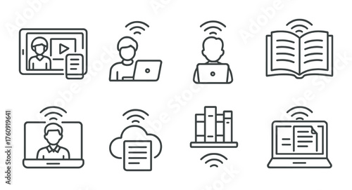 Digital learning icons: video streaming, e-book, cloud storage, laptop