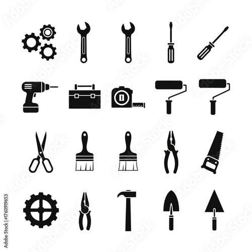 A series of black and white wrench tool icons. Vector icon set. Isolated on a white background.